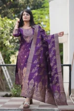 Vibrant Purple Woven Cotton Banarasi Kurta & Dupatta Set with Pant - Image 5