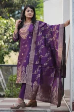 Vibrant Purple Woven Cotton Banarasi Kurta & Dupatta Set with Pant - Image 4