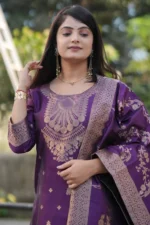 Vibrant Purple Woven Cotton Banarasi Kurta & Dupatta Set with Pant - Image 3