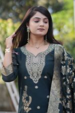 Festive Woven Gold Banarasi-Style Salwar Kameez Set in Deep Emerald Green - Image 4