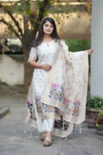 Festive Woven Gold Banarasi-Style Salwar Kameez Set in White - Image 2