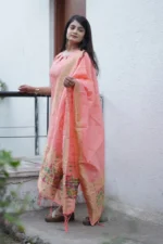 Festive Woven Gold Banarasi-Style Salwar Kameez Set in Orange - Image 3