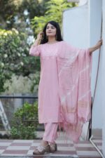 Festive Woven Gold Banarasi-Style Salwar Kameez Set in Deep Light Pink