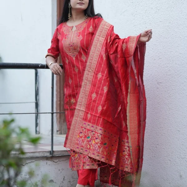 Festive Woven Gold Banarasi-Style Salwar Kameez Set in Red
