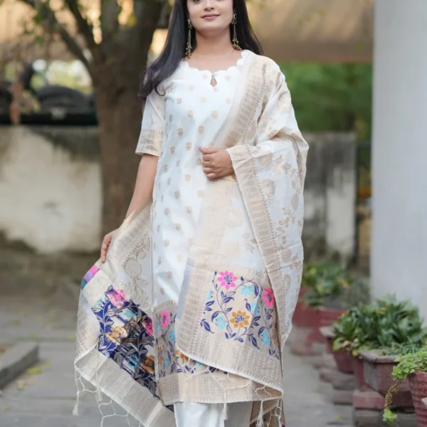Festive Woven Gold Banarasi-Style Salwar Kameez Set in White